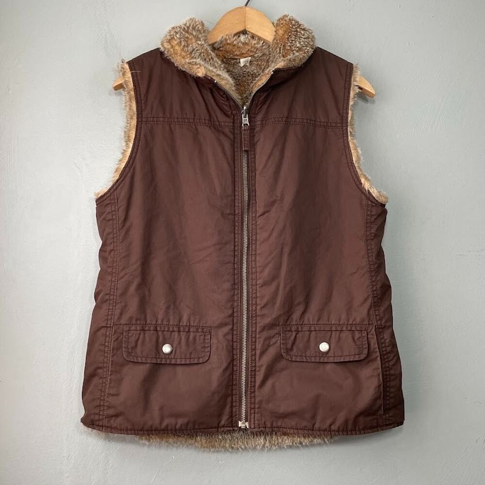 Y2K Gap Reversible Vest Chocolate Brown Faux Fur Womens Size Medium Gilet Boho